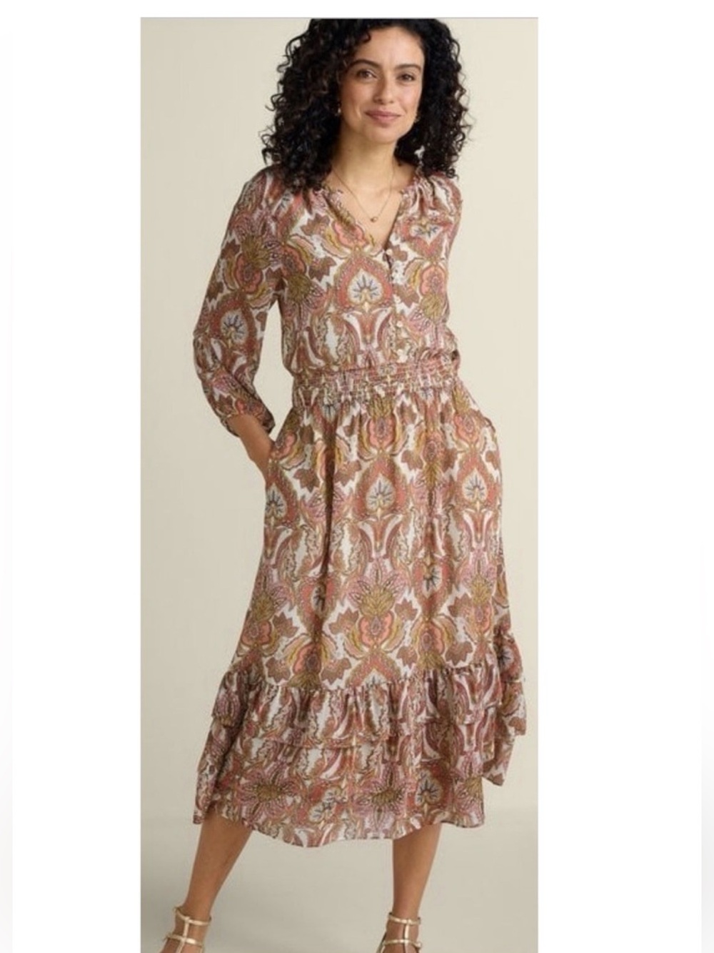 Soft Surroundings Coral Paisley Smocked Waist Midi Dress size PS